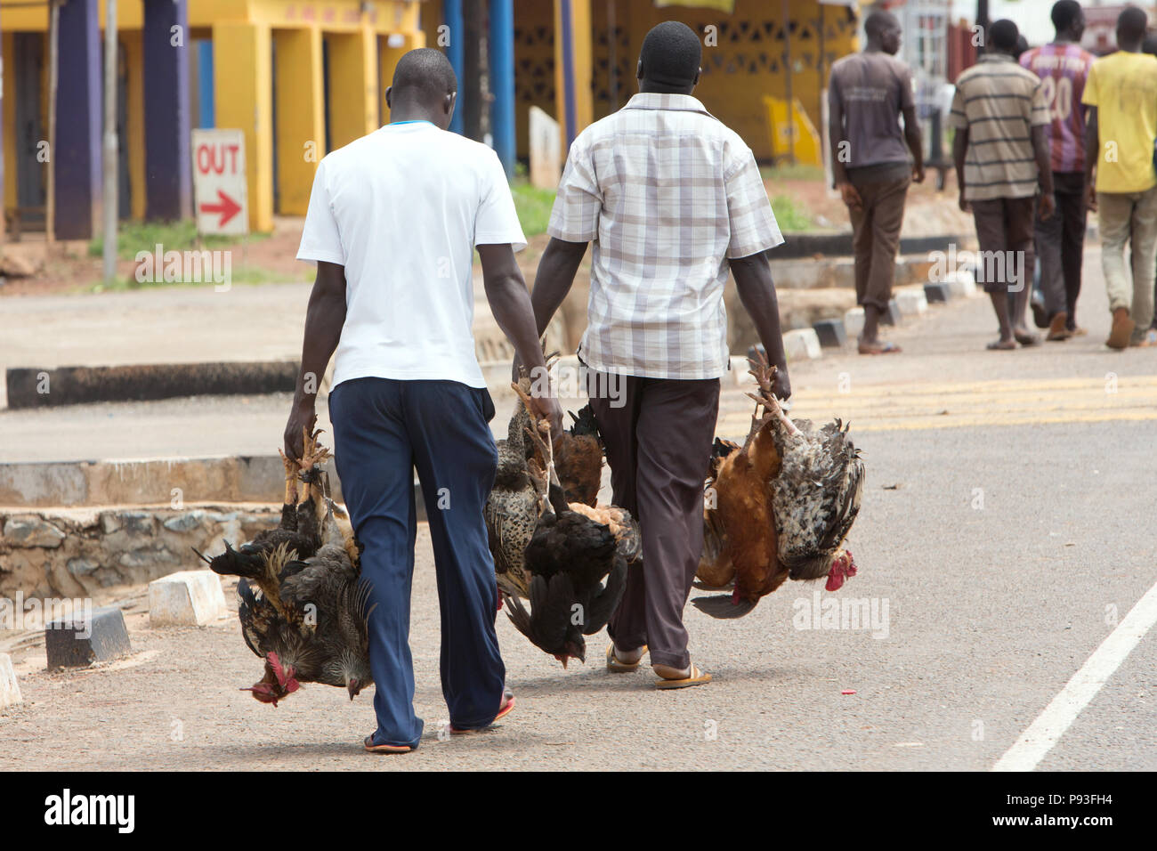 Kamdini, Uganda - city view. Flying dealers carry chickens on the street. Stock Photo