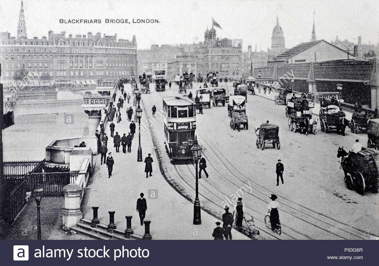 Blackfriars Bridge London, vintage postcard from 1913 Stock Photo