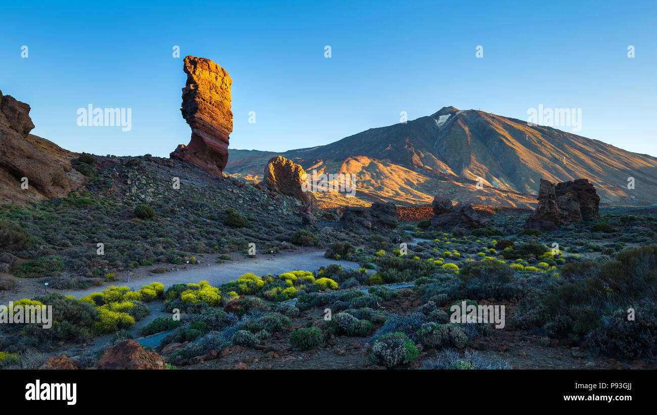 View of unique Roques de Garcia unique rock formation with famous Pico del Teide mountain volcano summit in the background on a sunny morning. Teide N Stock Photo
