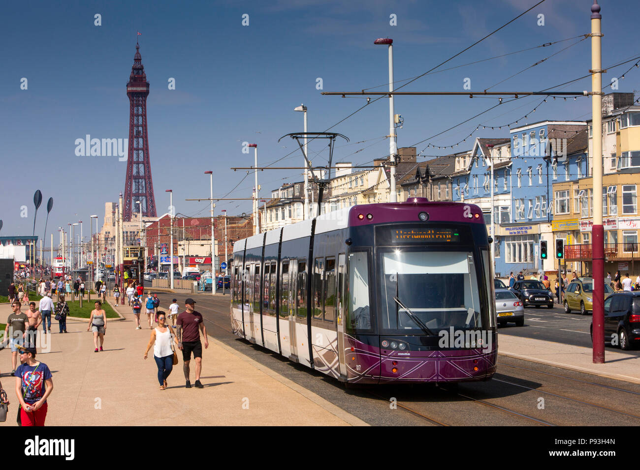 UK, England, Lancashire, Blackpool, Promenade, Bombardier Flexity 2 modern tram passing seafront hotels Stock Photo