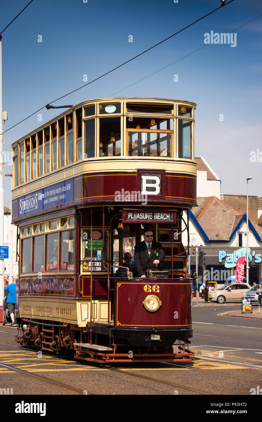 UK, England, Lancashire, Blackpool, Promenade, 1901 double deck Bolton Corporation heritage electric tram Stock Photo