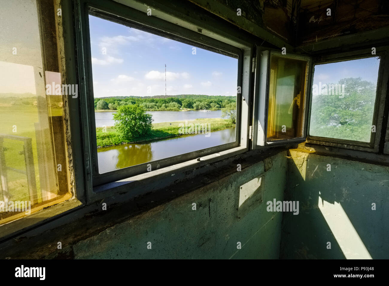 View from former guard tower to River Elbe near Lenzen, Brandenburg, Germany Stock Photo