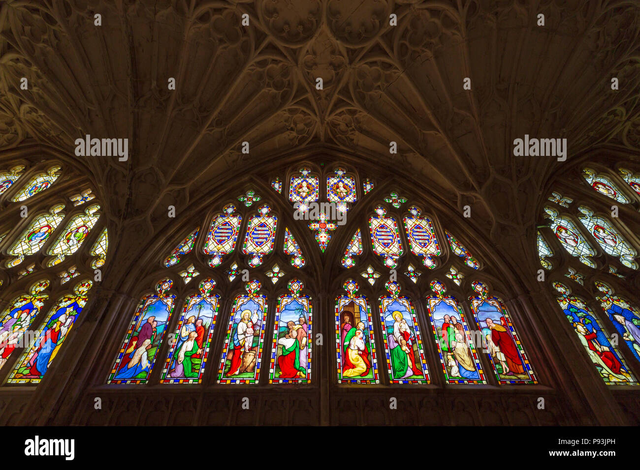 Stained glass window in the Cloisters at Gloucester Cathedral
