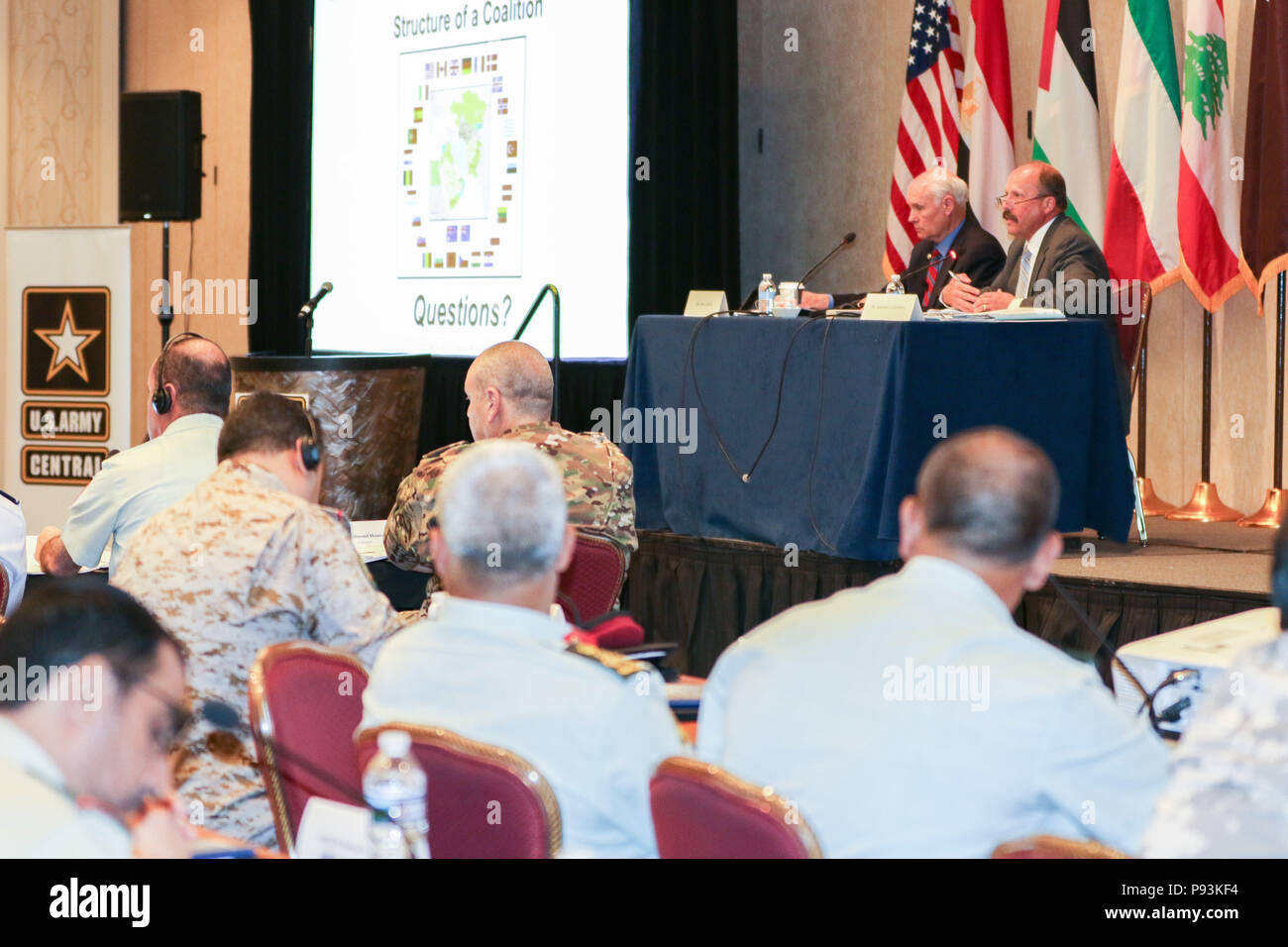 Dr. John A. Bonin, professor, and Dr. Gregory L. Cantwell, director of the Center for Strategic Leadership, U.S. Army War College, take questions after their presentation on “The Structure of a Coalition” at the 2018 Senior Strategy Session – Arabian Peninsula / Levant in Arlington, Va, July 10, 2018. The conference promoted the successes of ongoing coalition action against emerging threats and improved shared understanding of regional land force counterparts to invest in the right capabilities to achieve better interoperability and greater effectiveness in pursuing mutual national interests.  Stock Photo