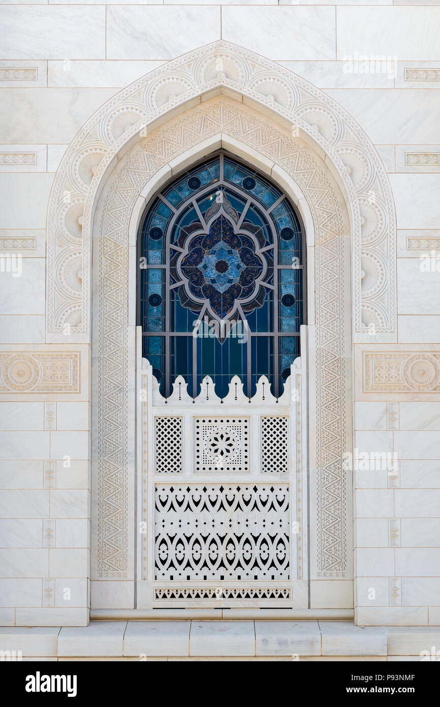 Window on external wall of Sultan Qaboos Grand Mosque in Muscat, Oman Stock Photo