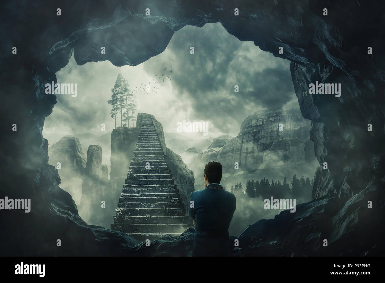surreal-view-as-a-man-escape-from-a-dark-cave-stand-in-front-of-a-mystic-stairway-crossing-the-misty-abyss-going-up-to-unknown-paradise-opportunity-s-stock-photo-alamy