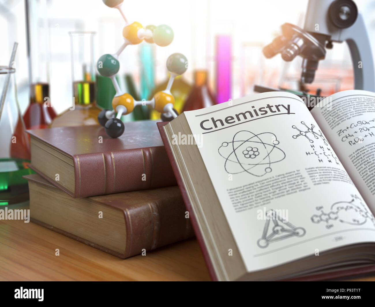 Chemistry education concept. Open books with text chemistry and