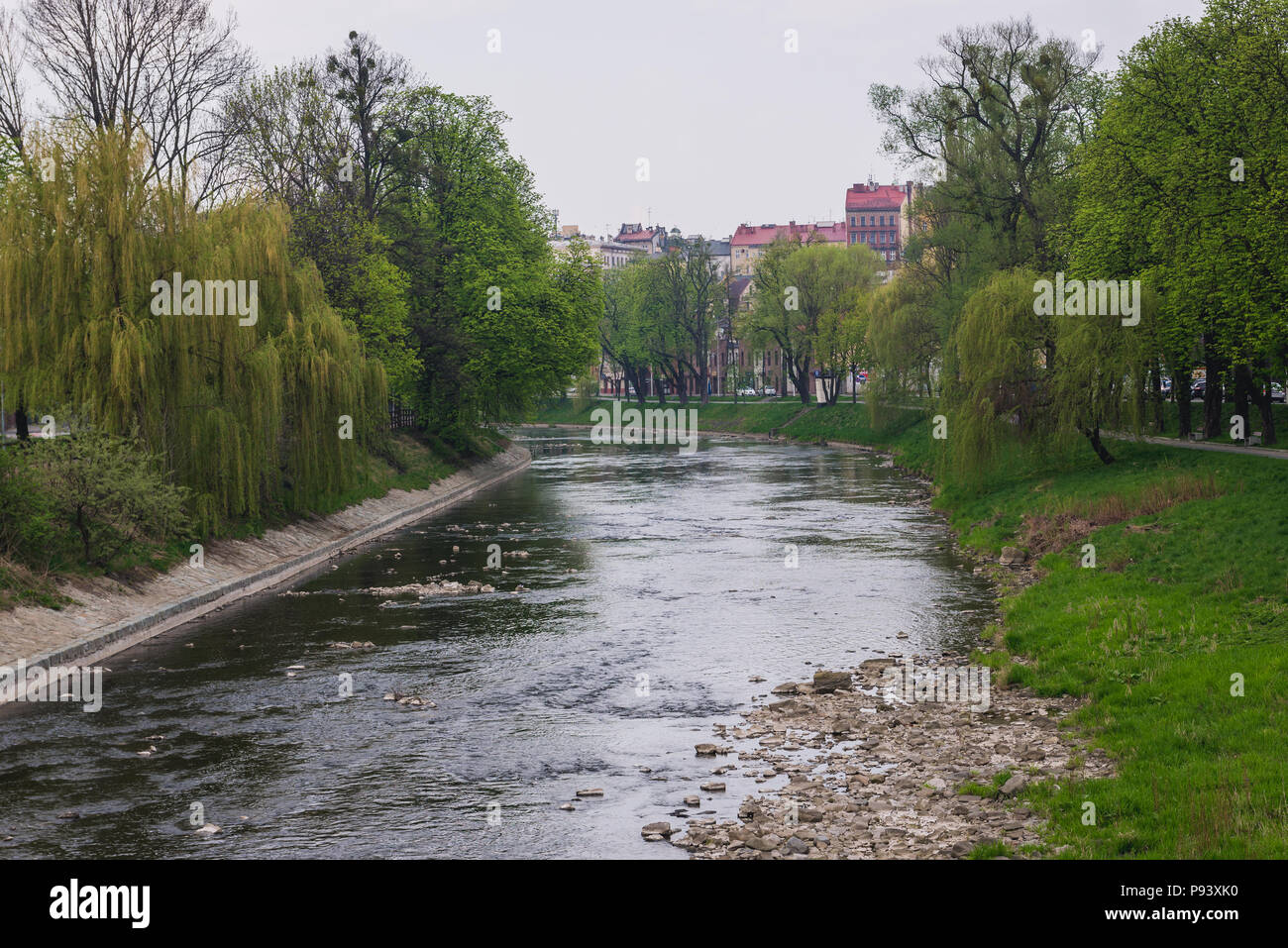 Olsa River, natural border between Cesky Tesin city in the Moravian-Silesian Region of Czech Republic and Cieszyn city in Poland Stock Photo