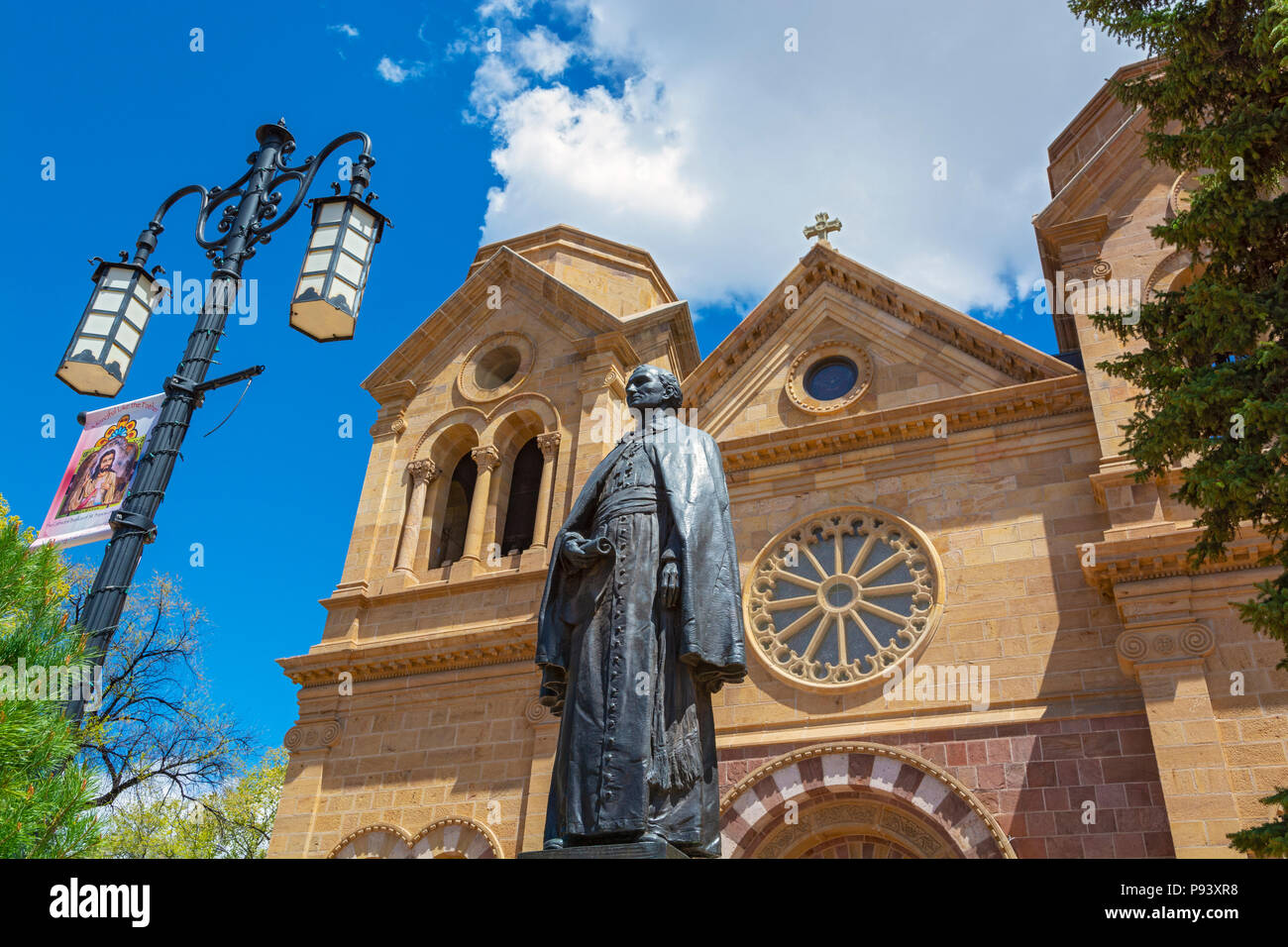 New Mexico, Santa Fe, Cathedral Basilica of St. Francis of Assisi, statue of Jean Baptiste Lamy (1850-1888) first Archbishop of Santa Fe Stock Photo
