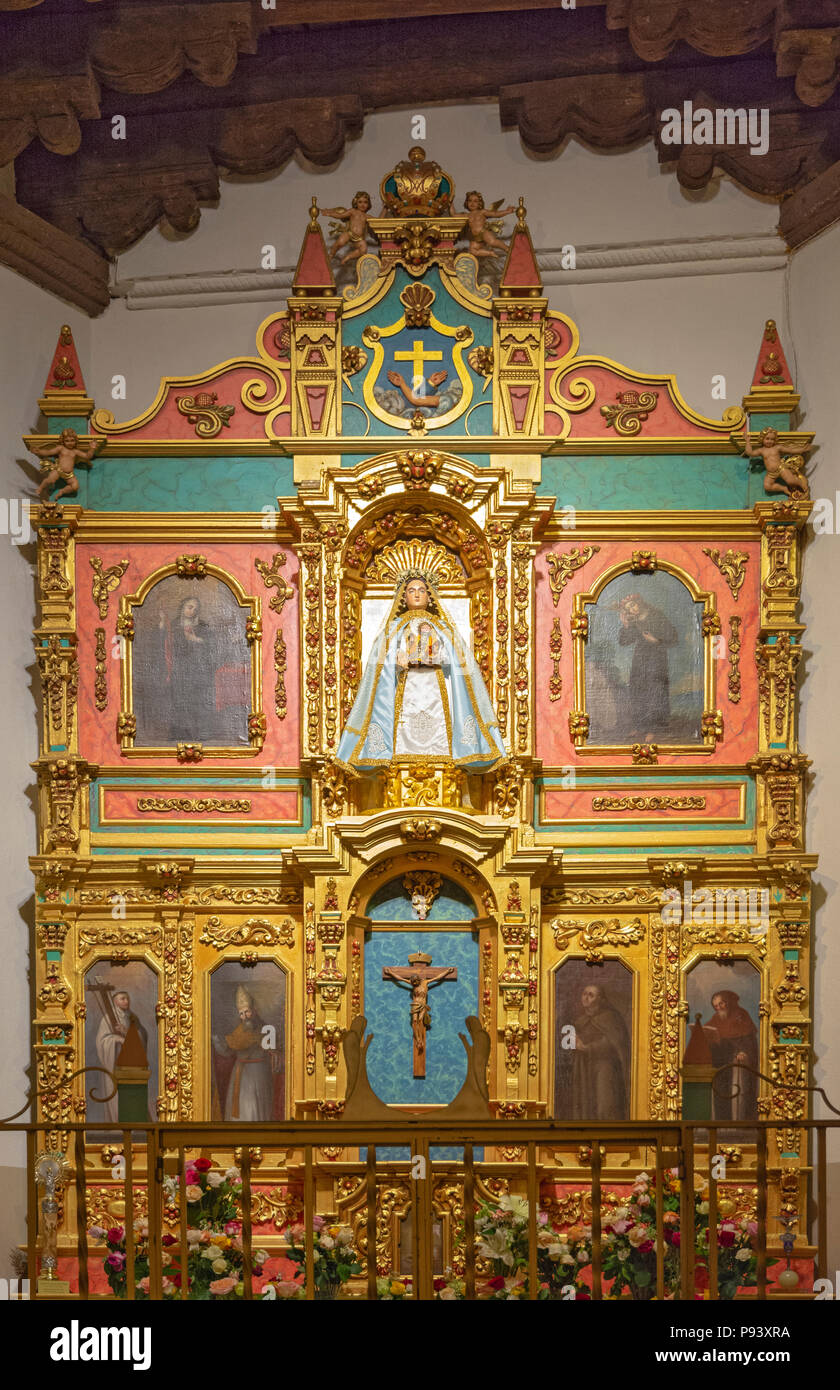 New Mexico, Santa Fe, Cathedral Basilica of St. Francis of Assisi, Chapel of La Conquistadora (Our Lady of Peace) statue brought to Santa Fe in 1625 Stock Photo