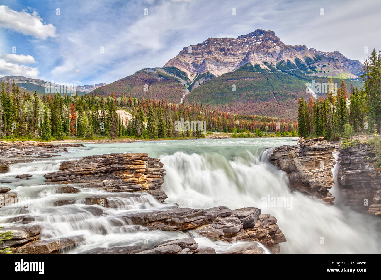 Athabasca Falls in Jasper National Park on the Icefields Parkway in Alberta, Canada, with Mount Kerkeslin in the background. A Class 5 waterfall, it i Stock Photo