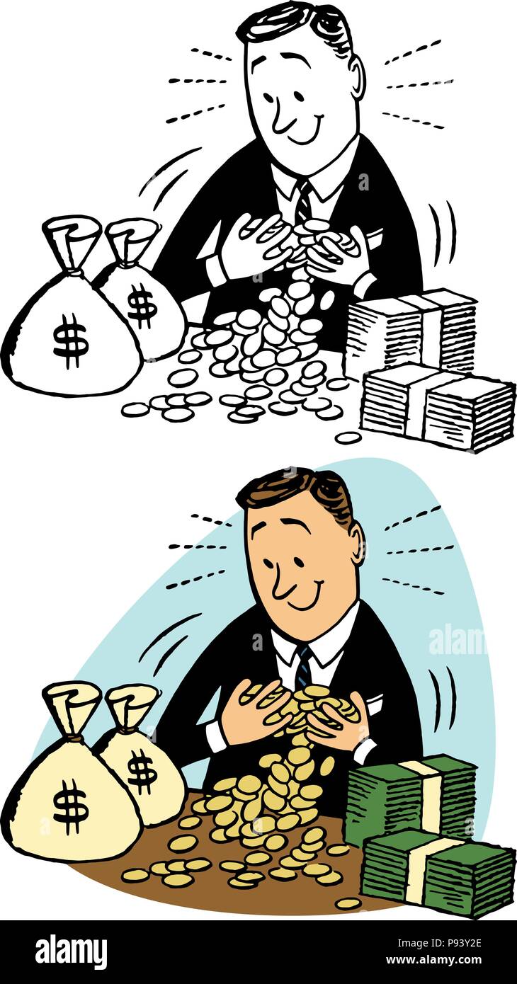 A man holds an armful of his cash and wealth. Stock Vector