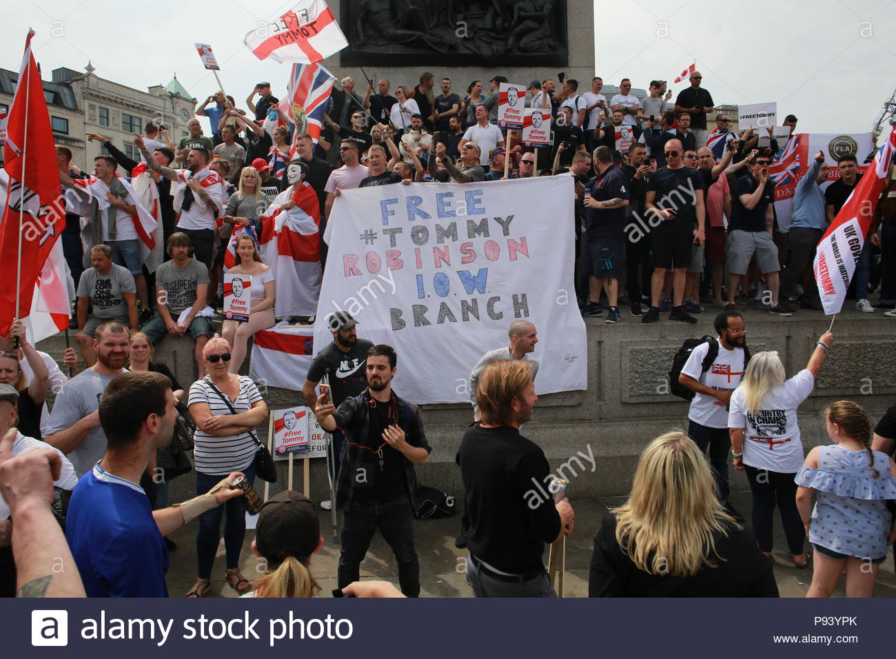 A demonstration has been held in Central London in support of Tommy Robinson. A large crowd of his supporters marched from Trafalgar Square to Downing Stock Photo