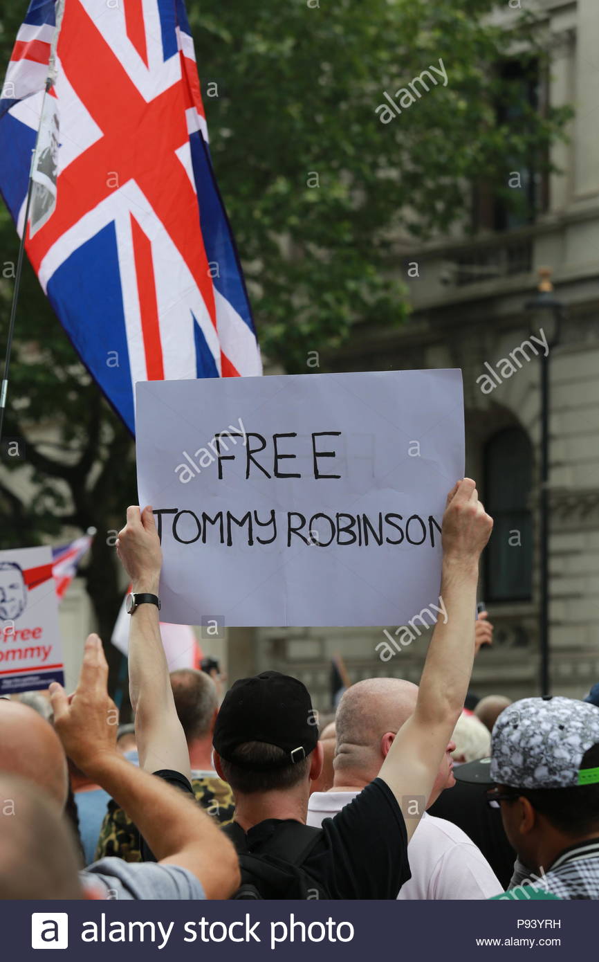 A demonstration has been held in Central London in support of Tommy Robinson. A large crowd of his supporters marched from Trafalgar Square to Downing Stock Photo