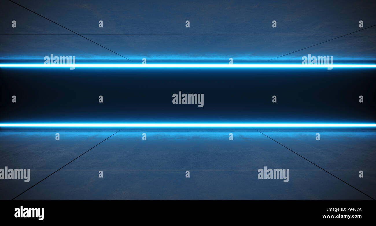 Futuristic Sci Fi Blue Neon Tube Lights Glowing In Concrete Floor