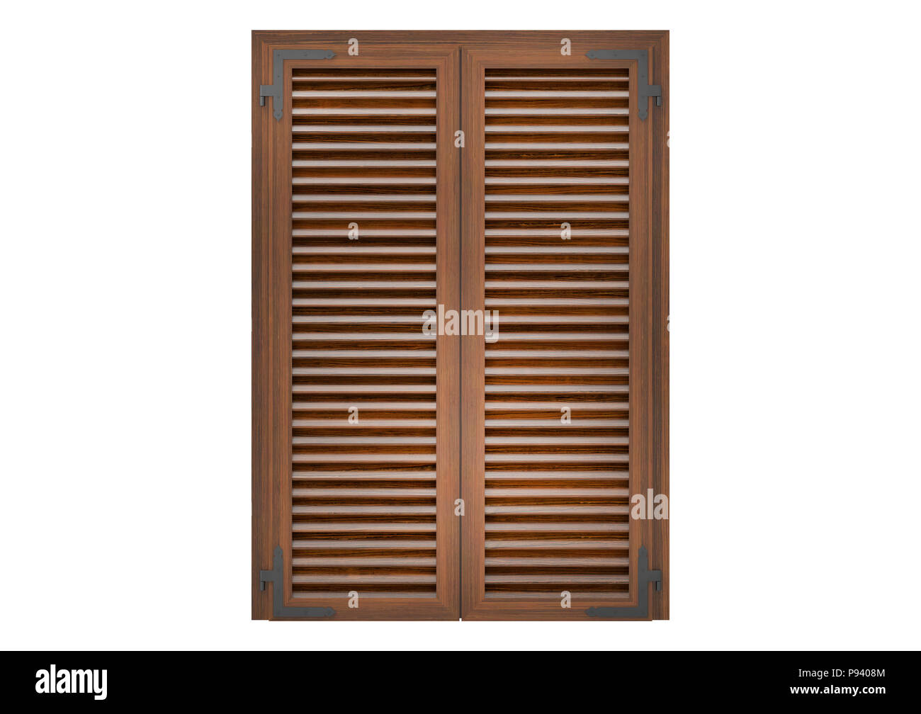 Window with wood shutters, closeup front view, 3D rendering