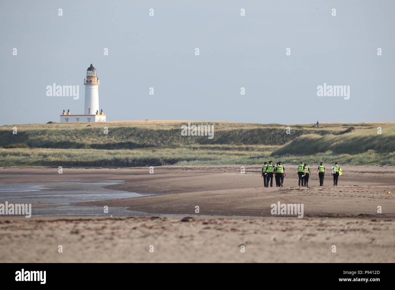 Police patrol the beach at the Trump Turnberry resort in South Ayrshire, where US President Donald Trump and first lady Melania Trump are spending the weekend. Stock Photo