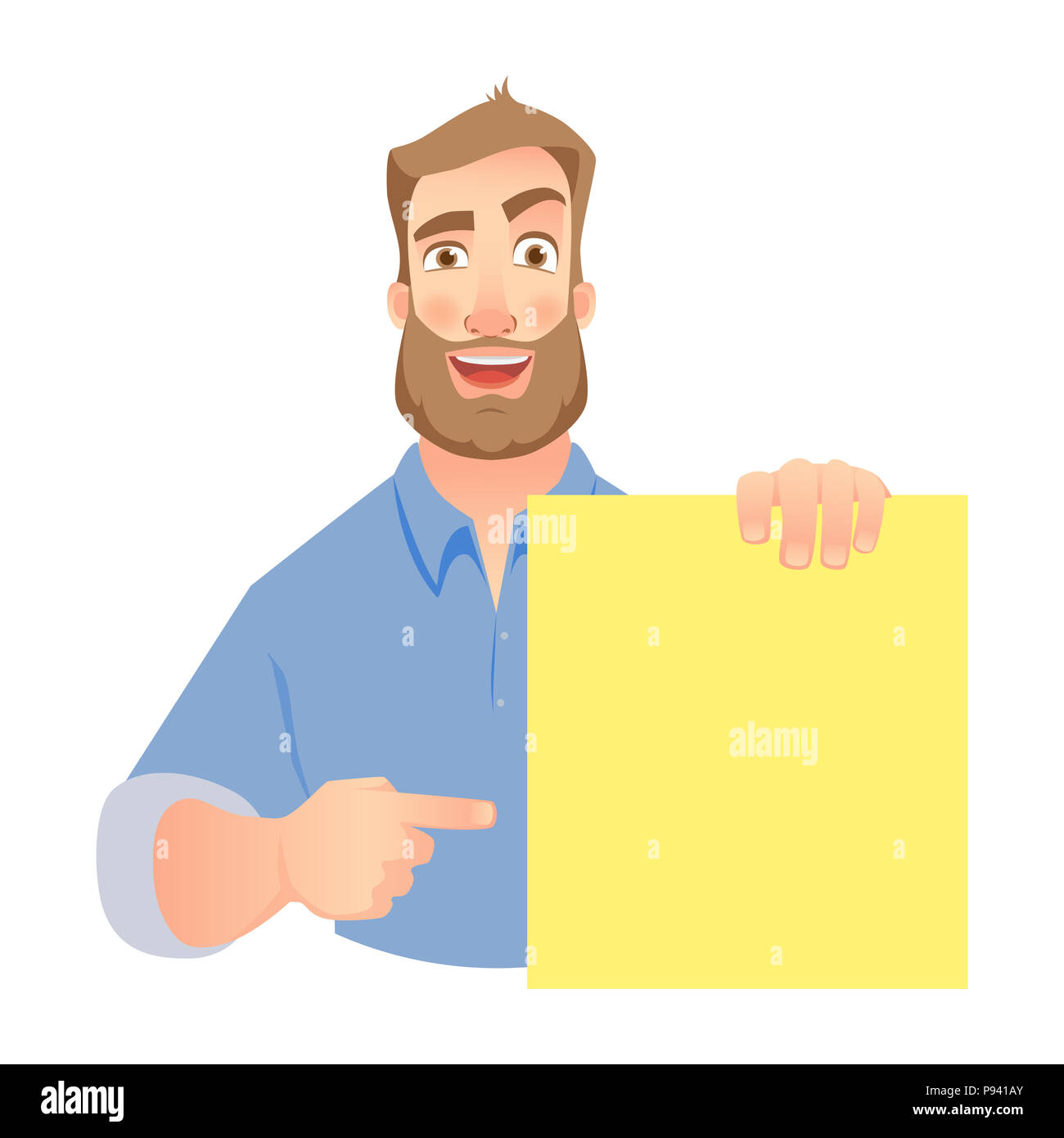 Man holding blank banner. Laughing businessman points to banner ...