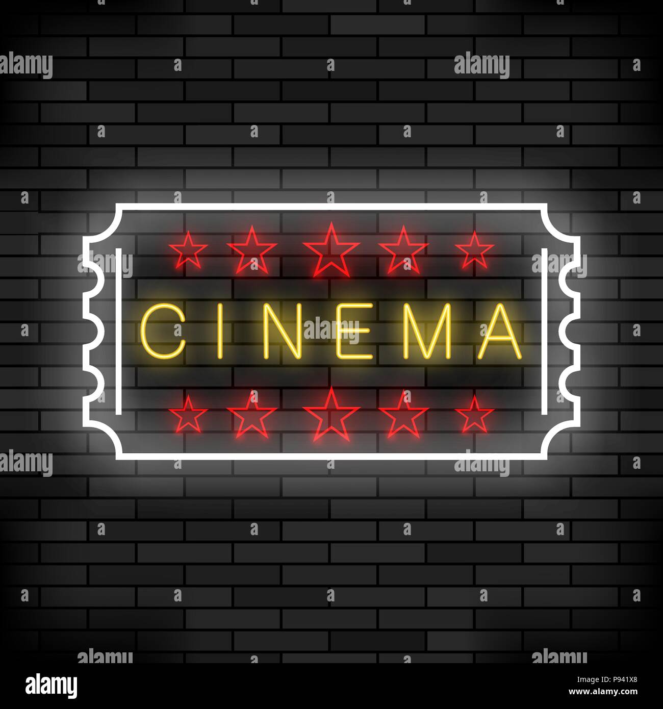 Cinema Light Neon Sign on Brick Background. Movie Colored Signboard