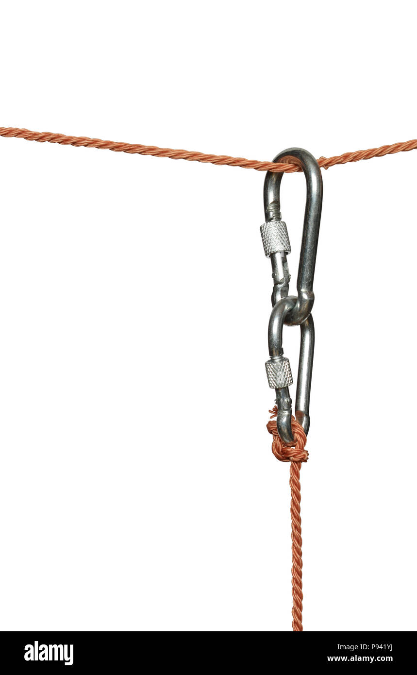 Two connected carabiners hanging on the rope. Isolated on white with clipping path Stock Photo