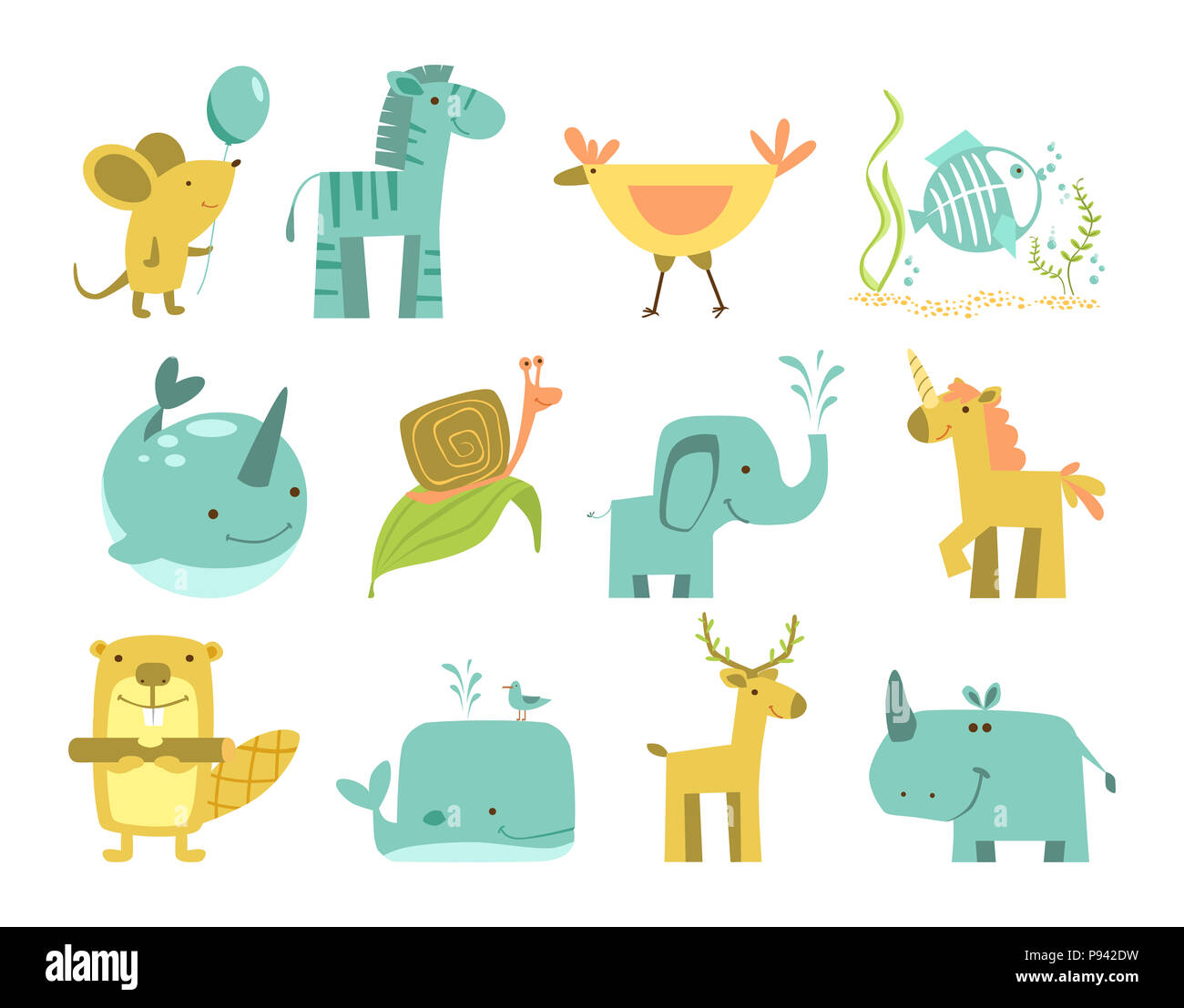 Cute animals set. Cartoon different animals isolated. Mouse, zebra, chicken, fish, narwhal, snail, elephant, unicorn, beaver, whale, deer, rhino illus Stock Photo