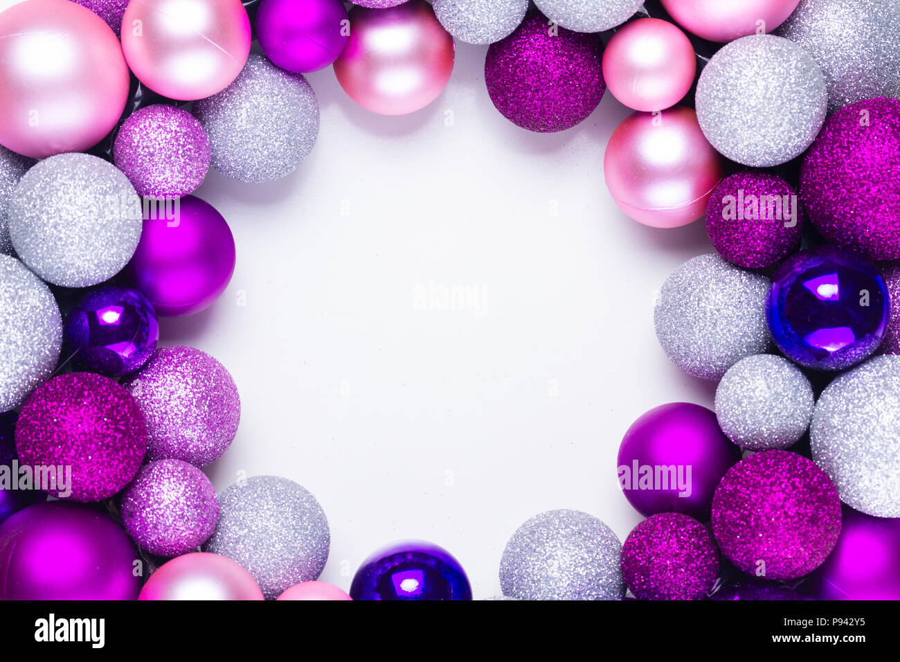 Christmas Flat Lay Round Frame With Silver Pink Abd Violet Glass