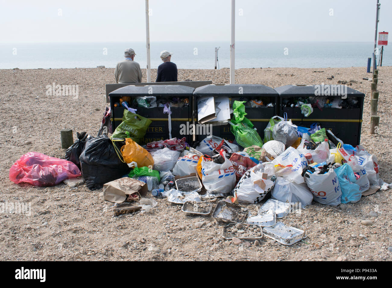 Overflowing rubbish bins on the Blue Flag Beach, Hayling Island