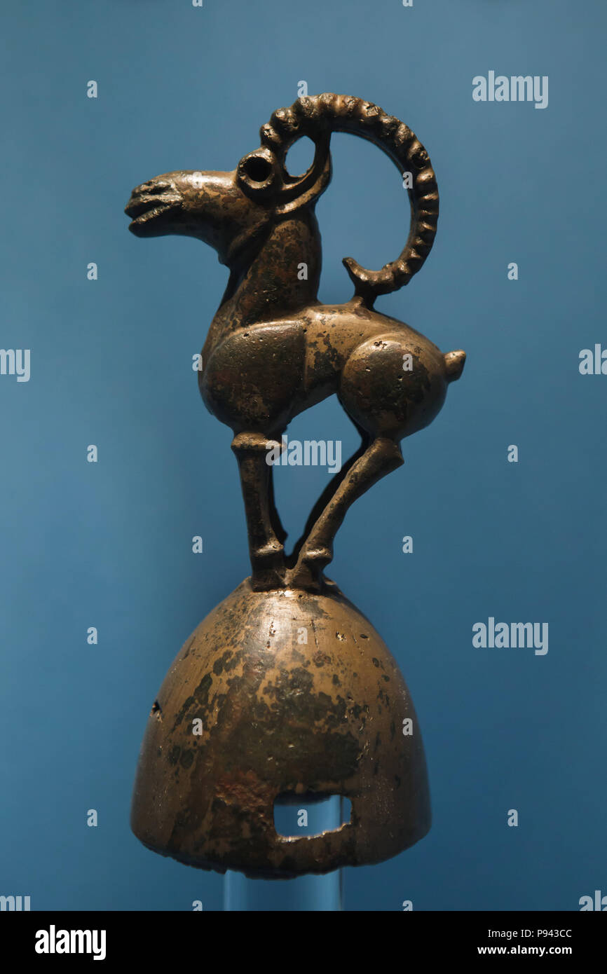 Siberian ibex (Capra sibirica) depicted on the bronze terminal of Tagar culture from Minusinsk Steppe dated from the 8th or 7th century BC on display in the Hermitage Museum in Saint Petersburg, Russia. Stock Photo
