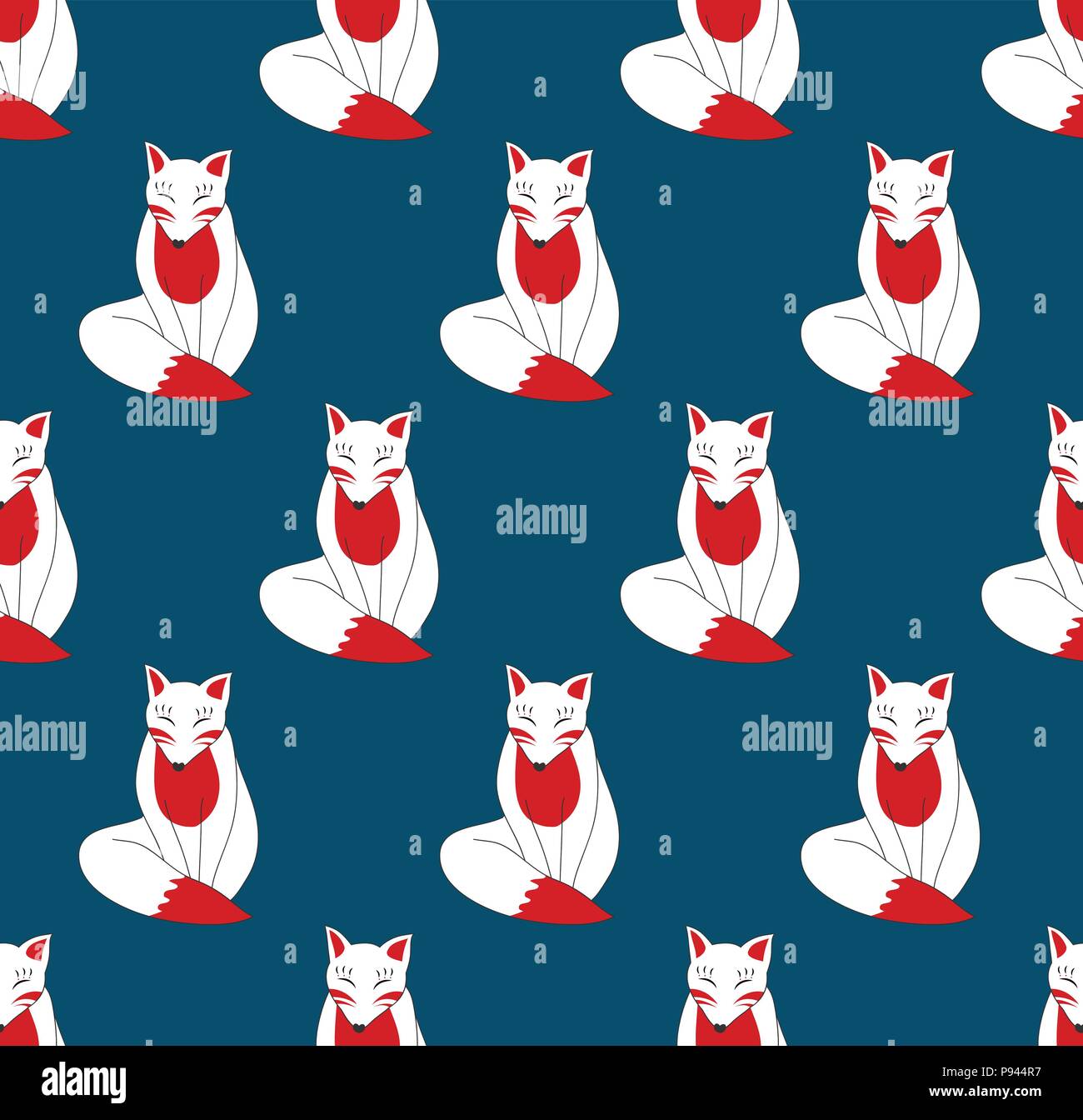 Kitsune Fox on Indigo Blue Background. Vector Illustration. Stock Vector