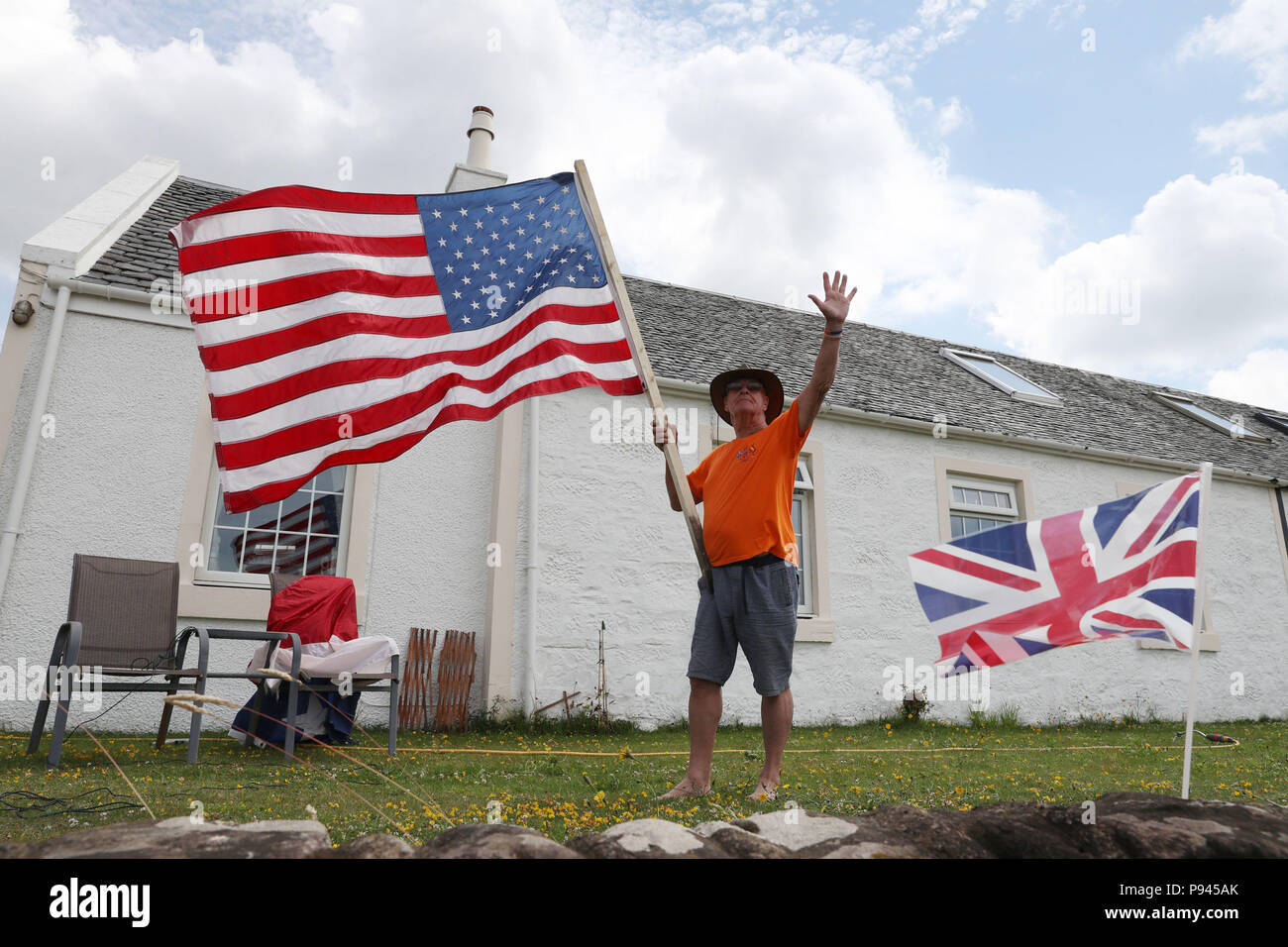 Trump supporter Bill McGibbon outside his cottage near to the Trump Turnberry resort in South Ayrshire, where US President Donald Trump and first lady Melania Trump are spending the weekend at the Trump Turnberry resort in South Ayrshire. Stock Photo