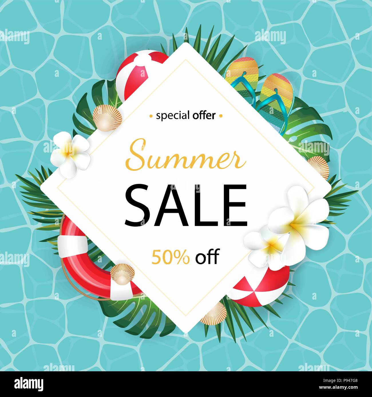 Summer sale background with tropical palm and plumeria, Lifebuoy, flip ...