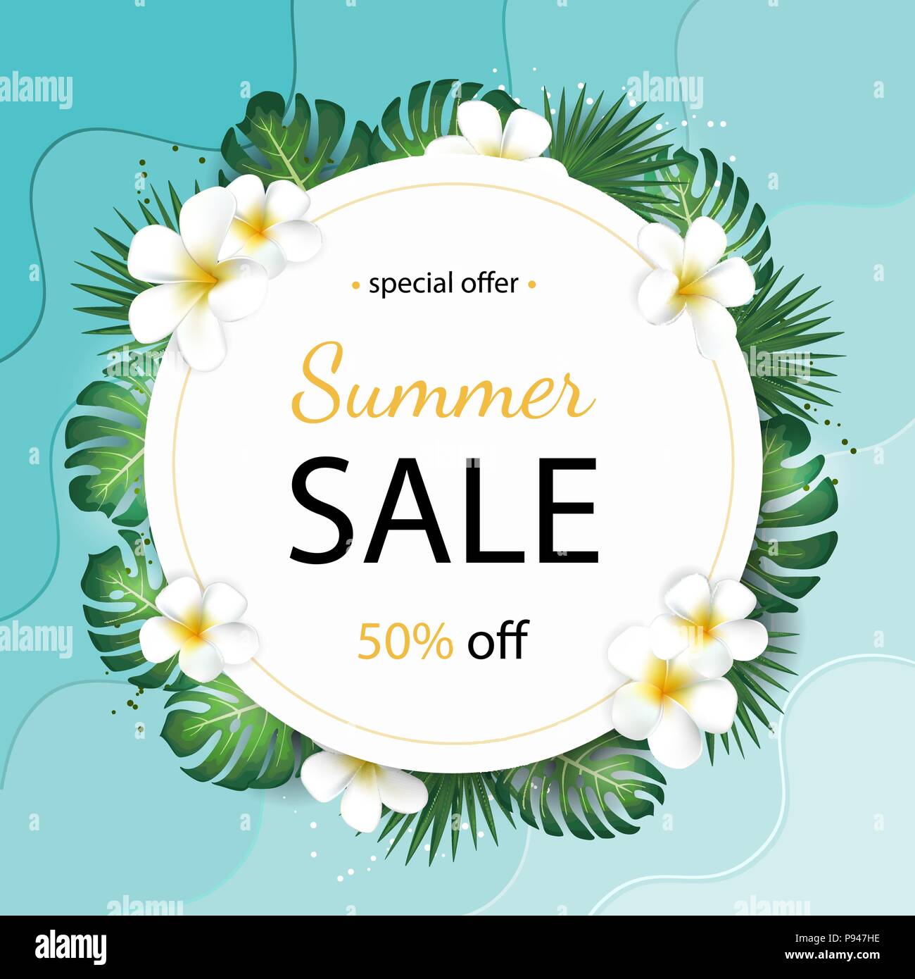 Summer sale background with tropical palm leaves and plumeria flower ...