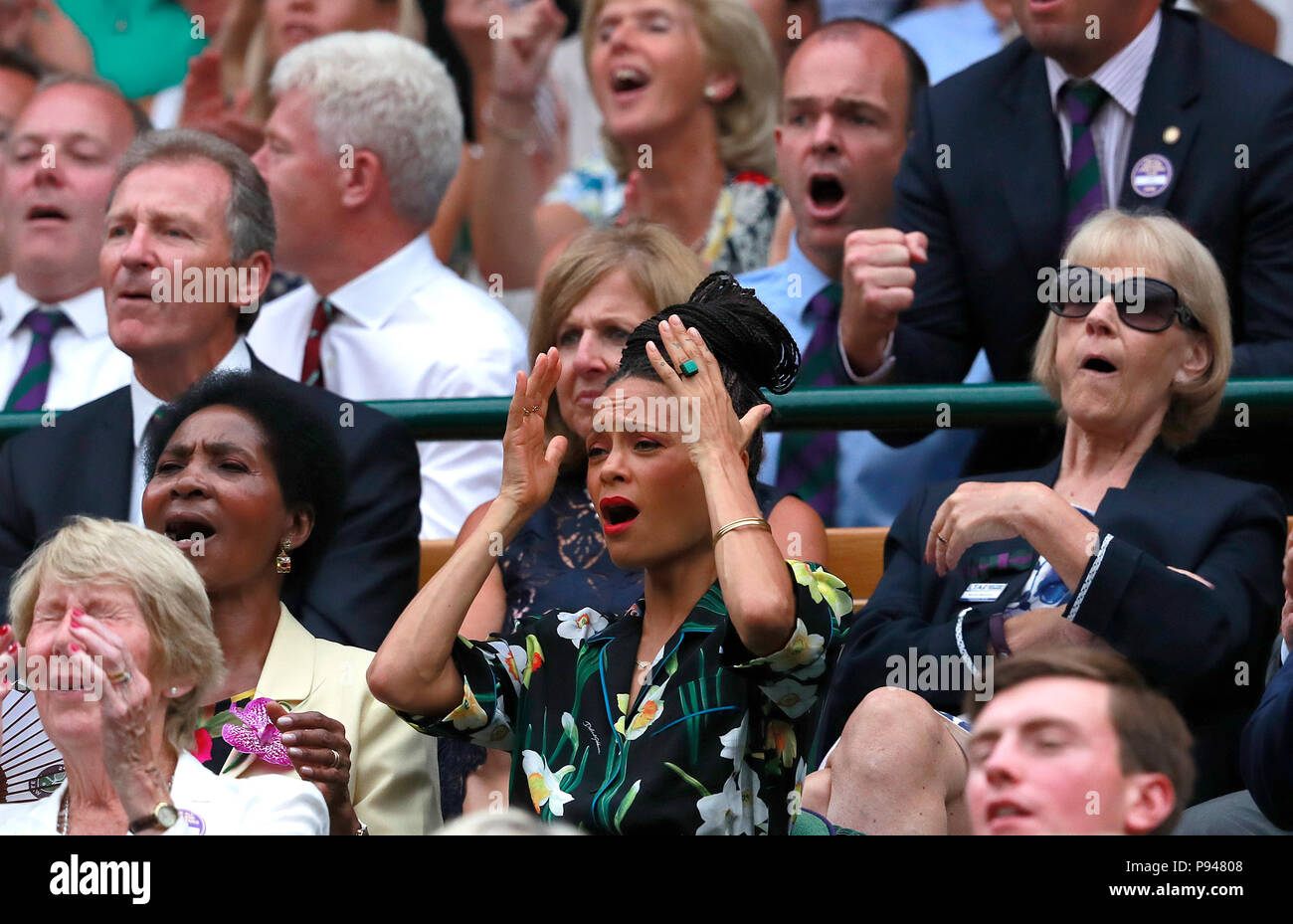 Thandie Newton in the royal box on centre court on day twelve of the