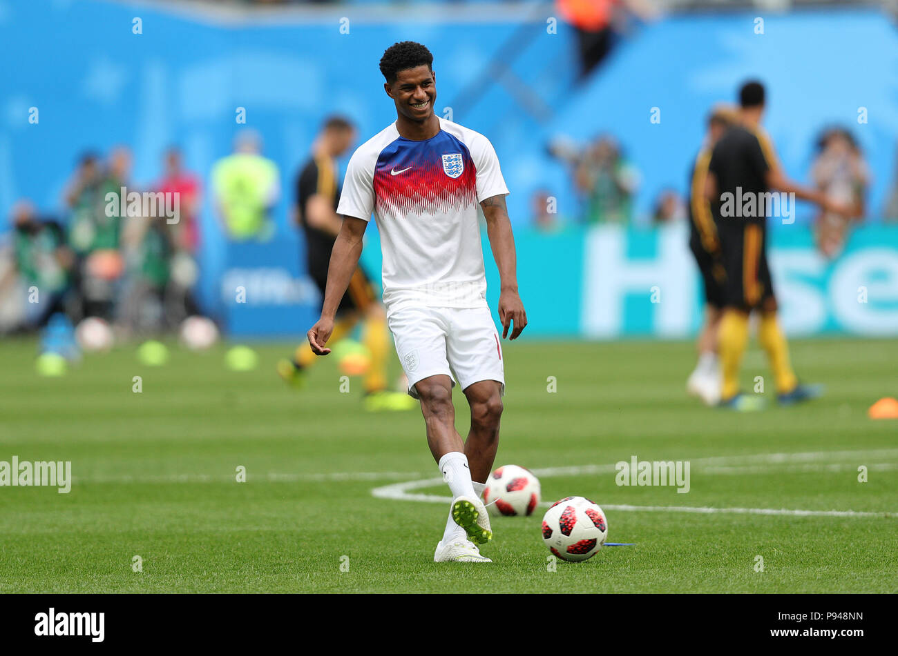 Englands Marcus Rashford warming up before the FIFA World Cup third place play-off match at Saint Petersburg Stadium Stock Photo