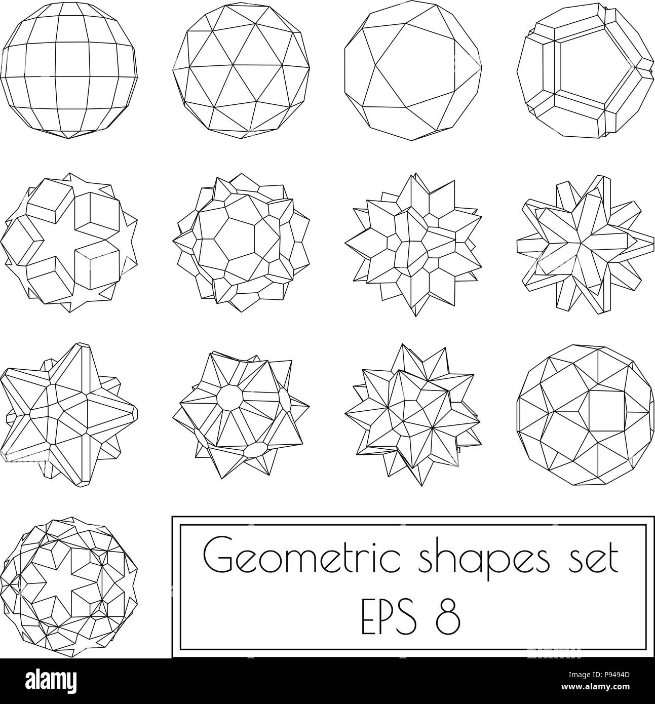 Collection of 13 3d geometric shapes in outlines Stock Vector