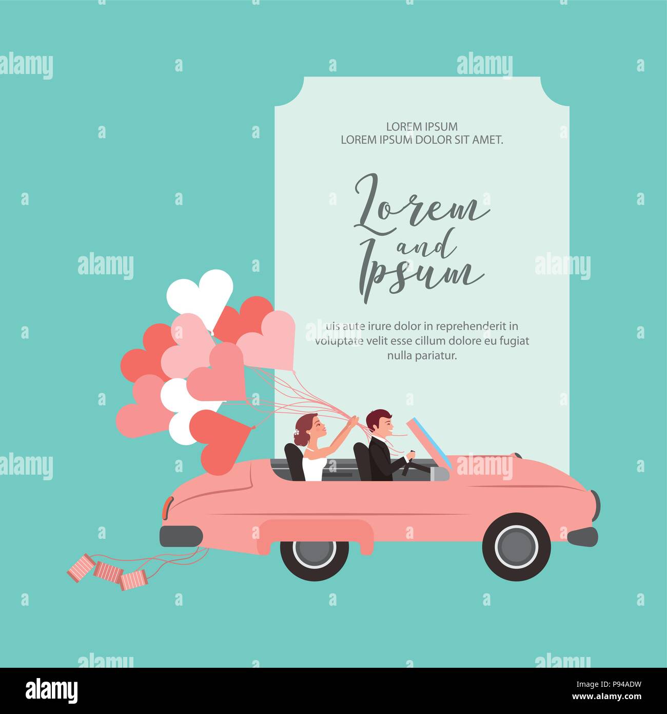 bride and groom in convertible car with balloons wedding card vector ...