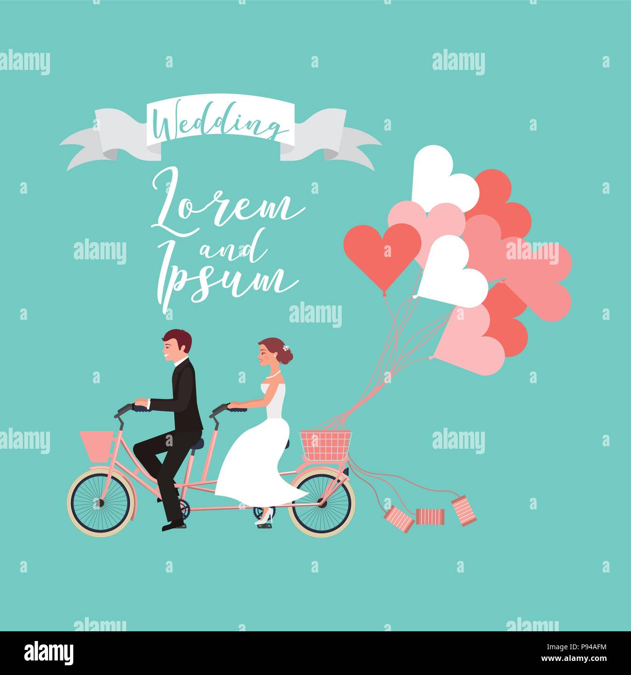 Bride And Groom On Tandem Bicycle With Balloons Wedding Day Vector