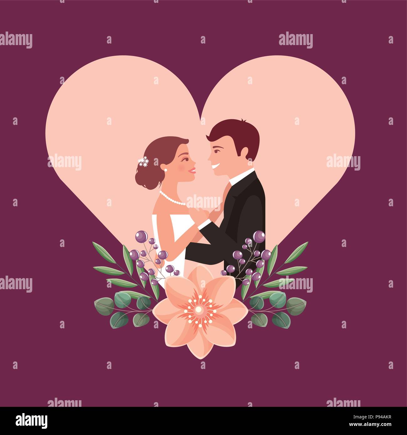 couple wedding day flowers in heart love vector illustration sketch ...