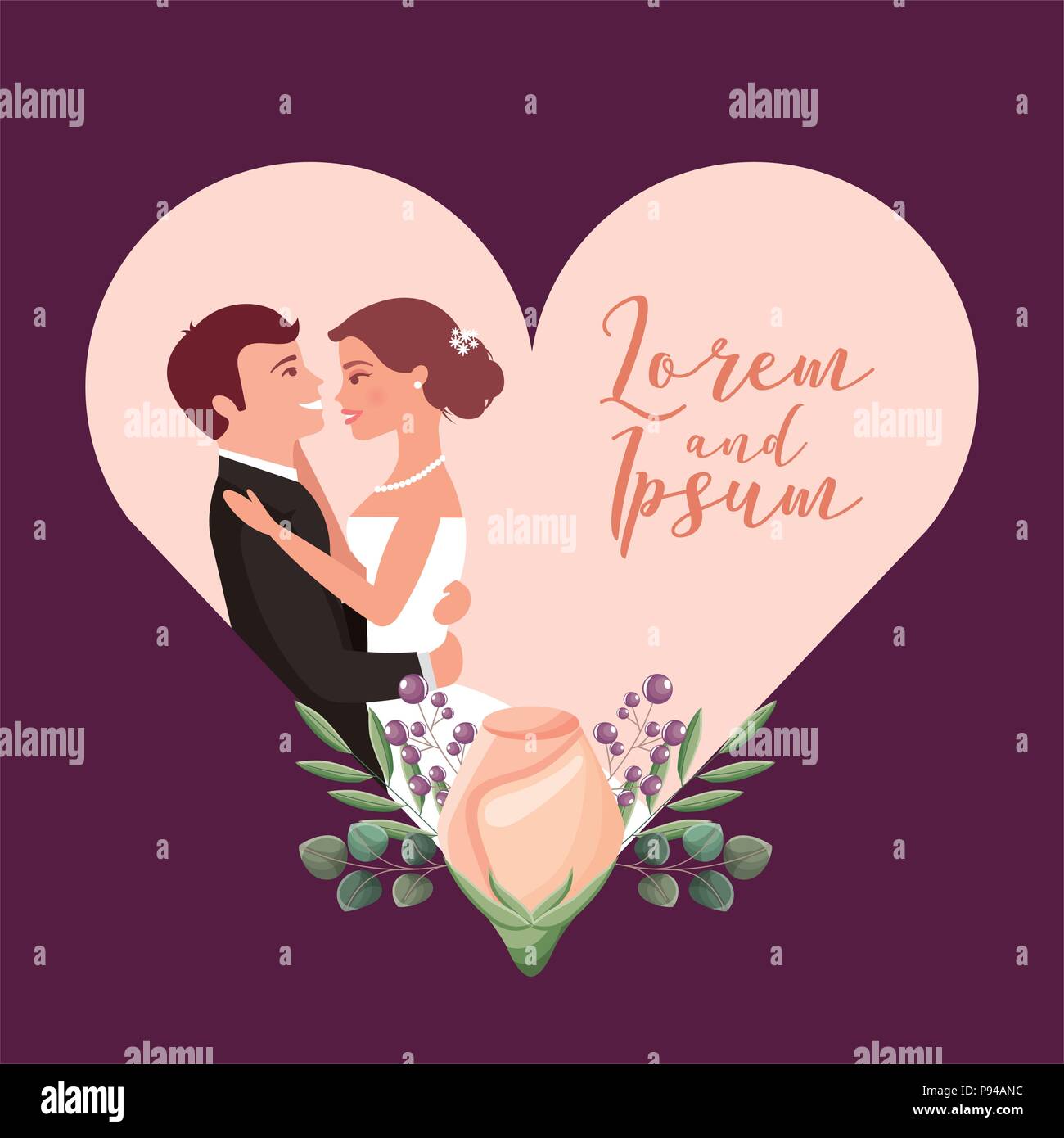 couple wedding day celebrating in heart flower decoration vector ...