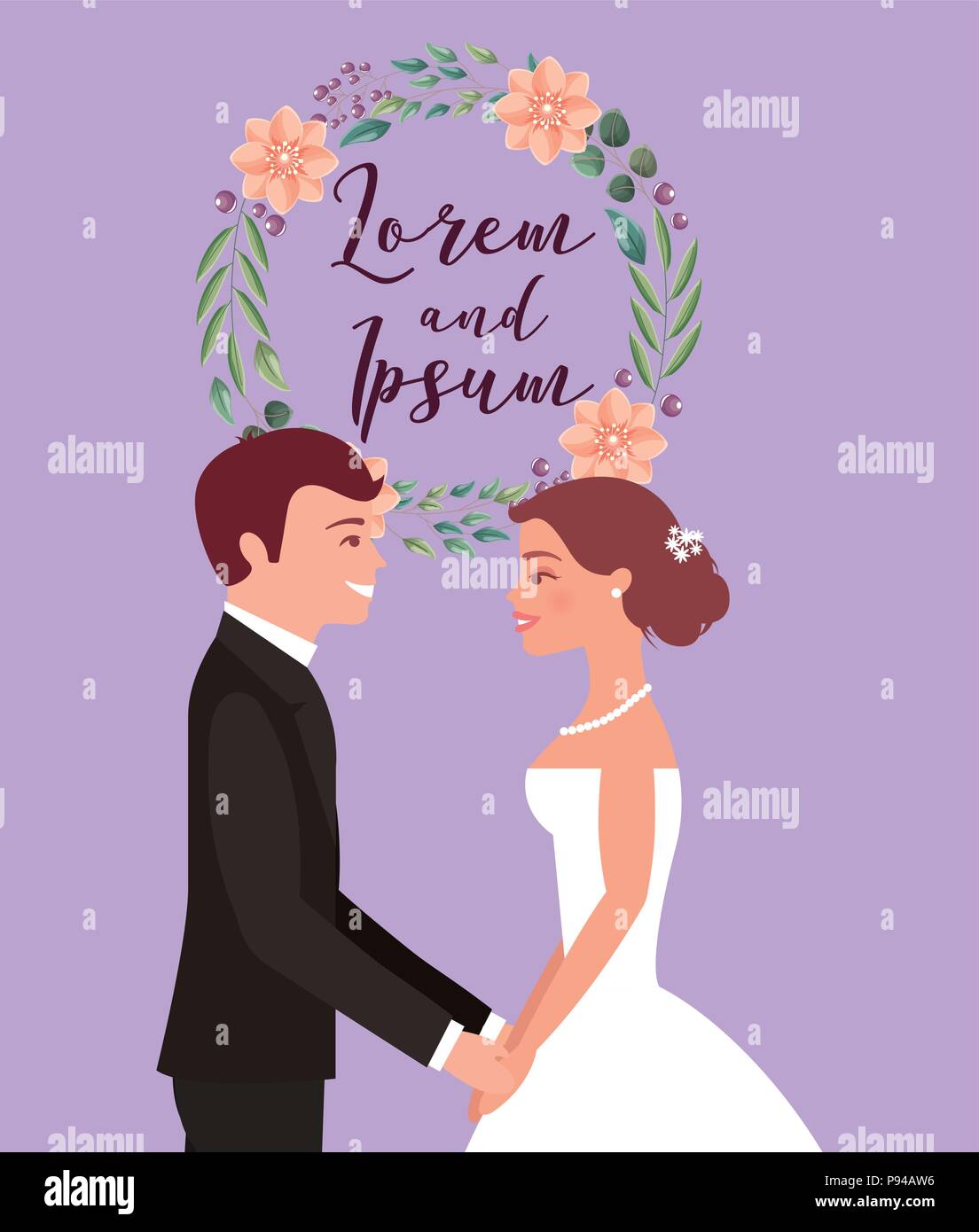 bride and groom holding hands wedding card vector illustration Stock ...