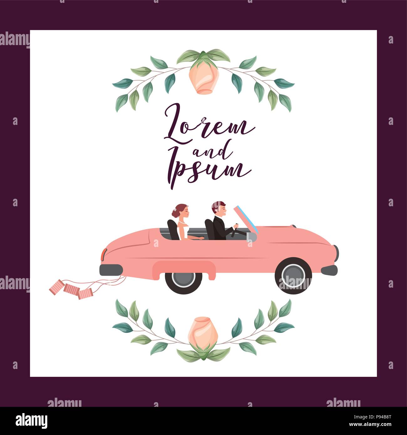 wedding card bride and groom in the car frame flowers vector ...