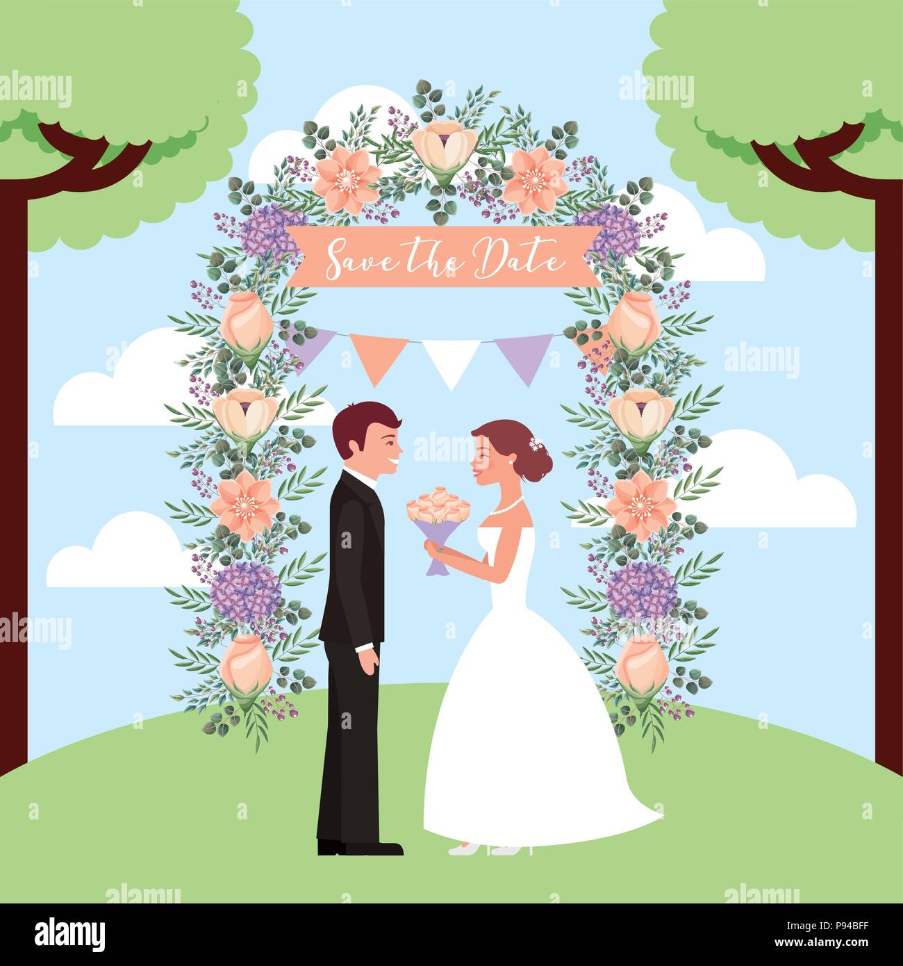 bride with bouquet and groom in arch flowers save the date card vector