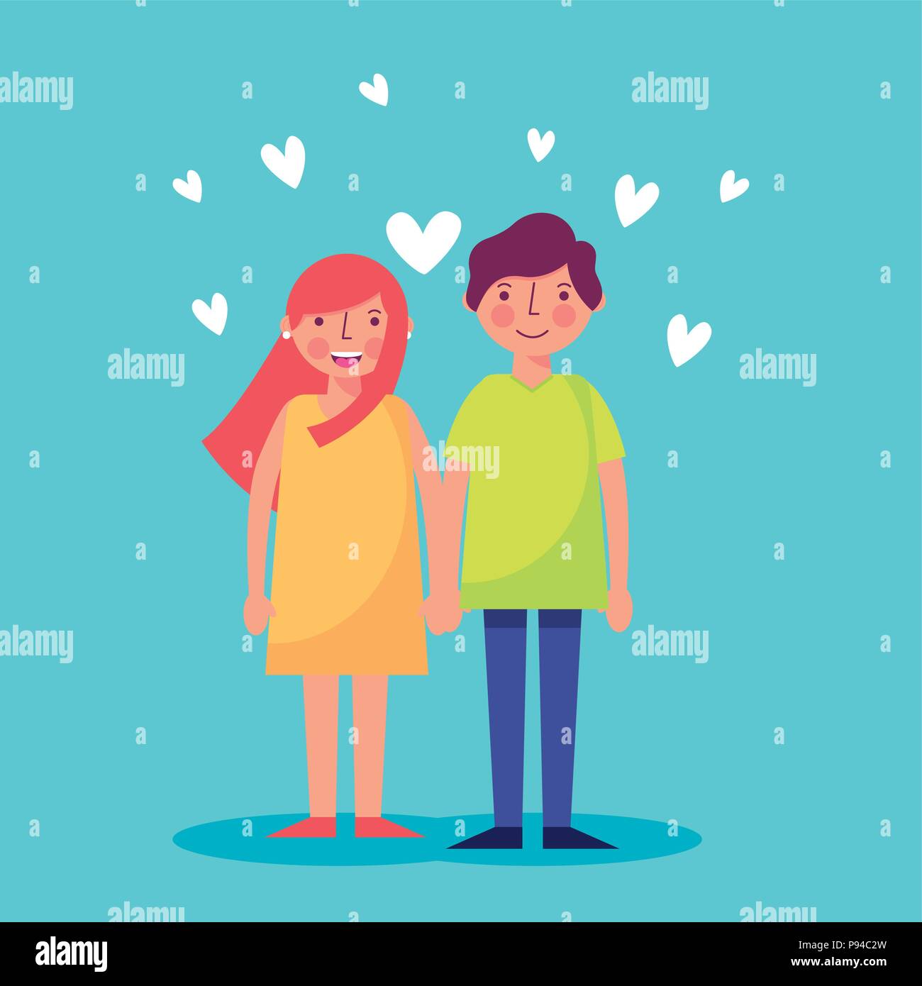 people woman man character couple holding hands love hearts vector ...