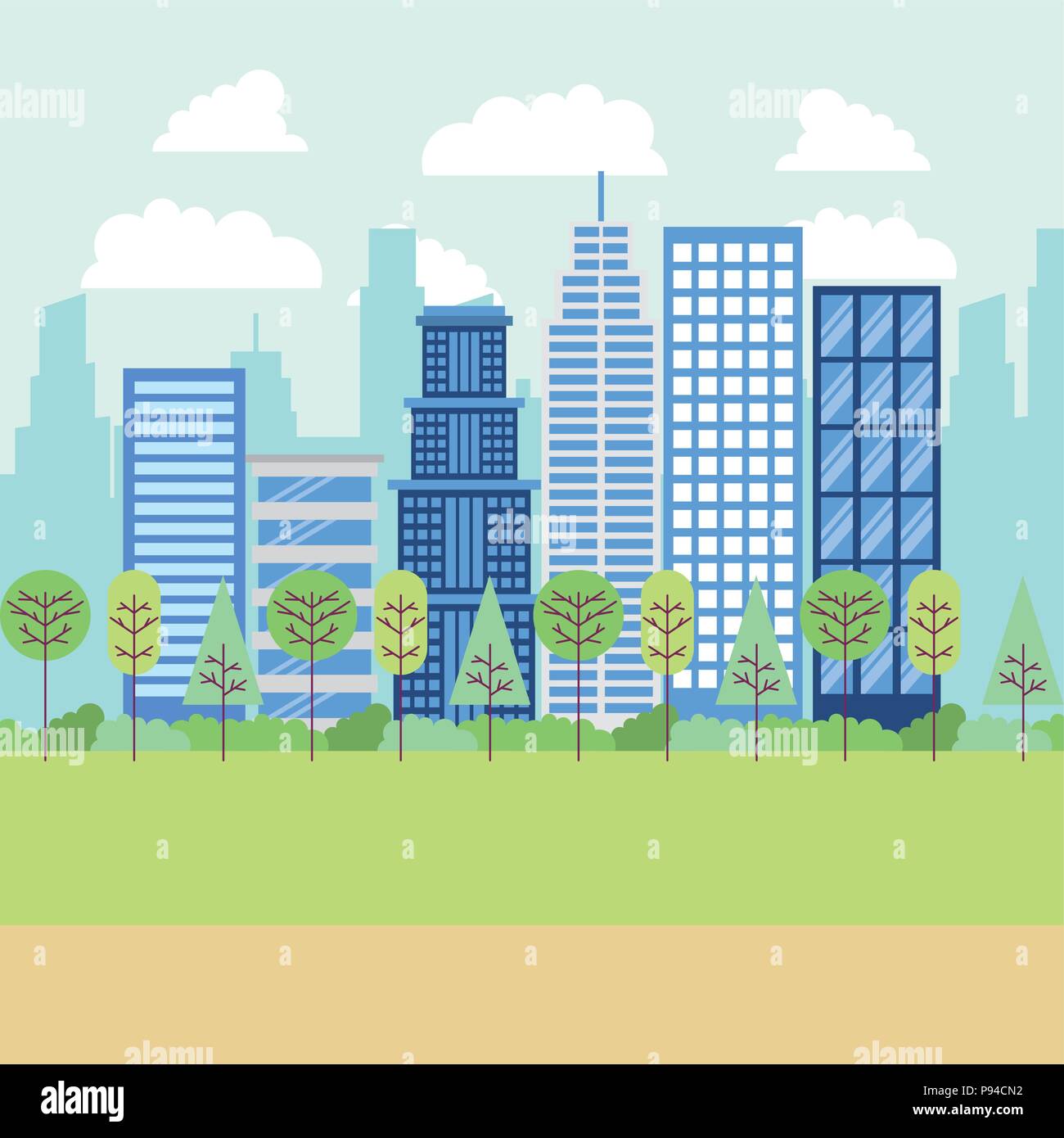 park and city buildings road big trees vector illustration Stock Vector ...