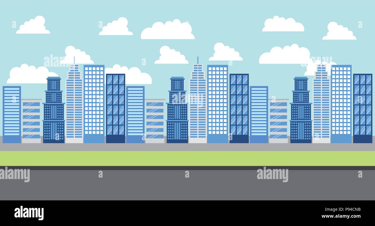 people park and city clouds sunny day street vector illustration Stock ...