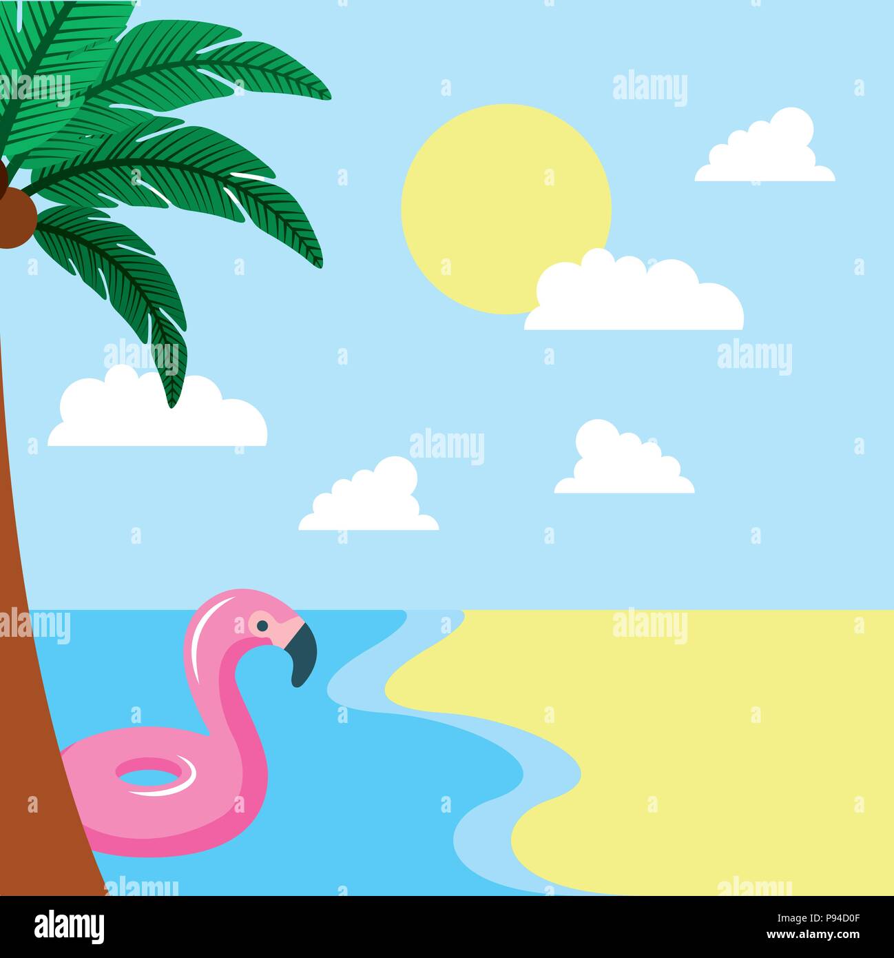 summer time sunny day palm flamingo float sea beach vector illustration ...