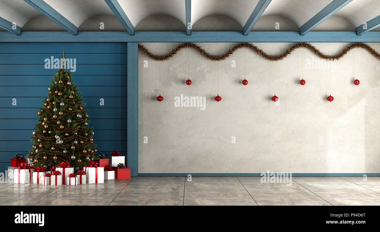 Empty living room with christmas tree,gift and decorations - 3d rendering Stock Photo