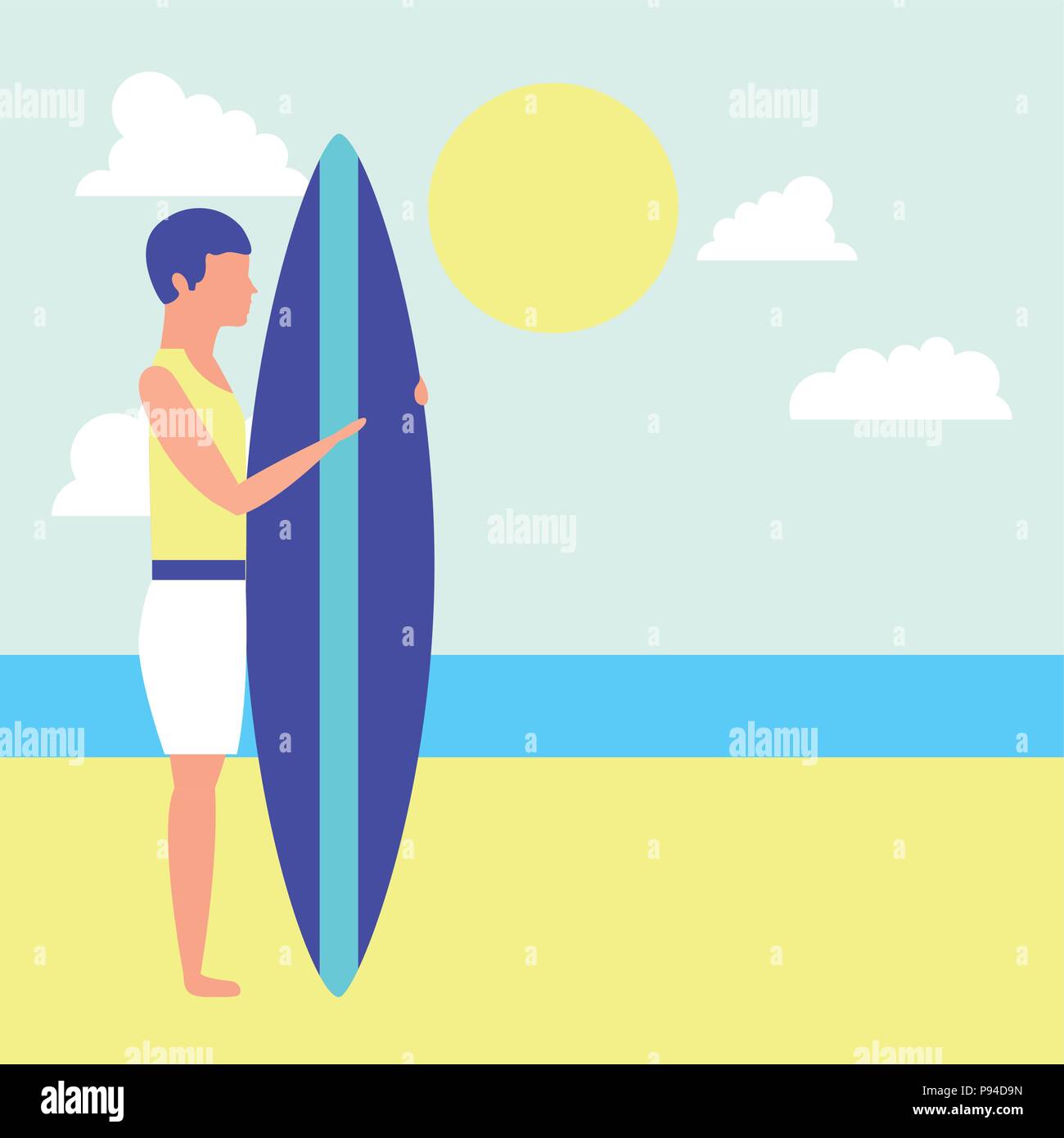 summer time vacations boy holding surf table beach vector illustration ...