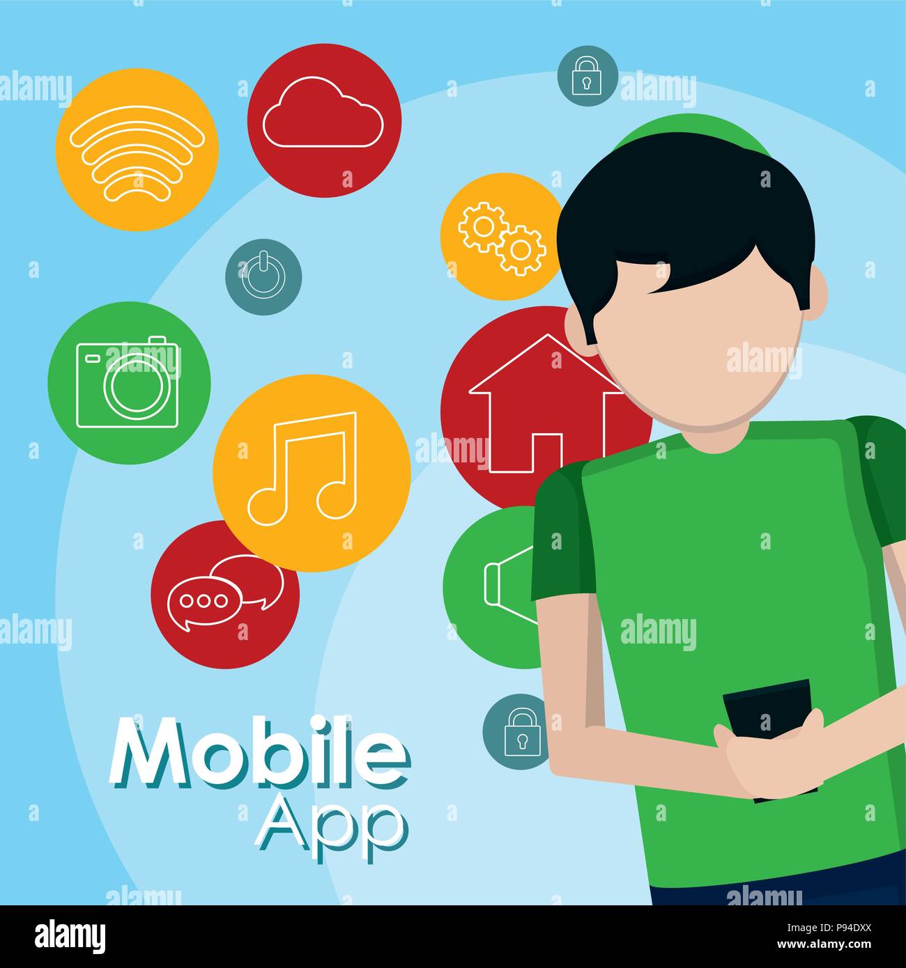 Young man using smartphone mobile apps vector illustration graphic ...