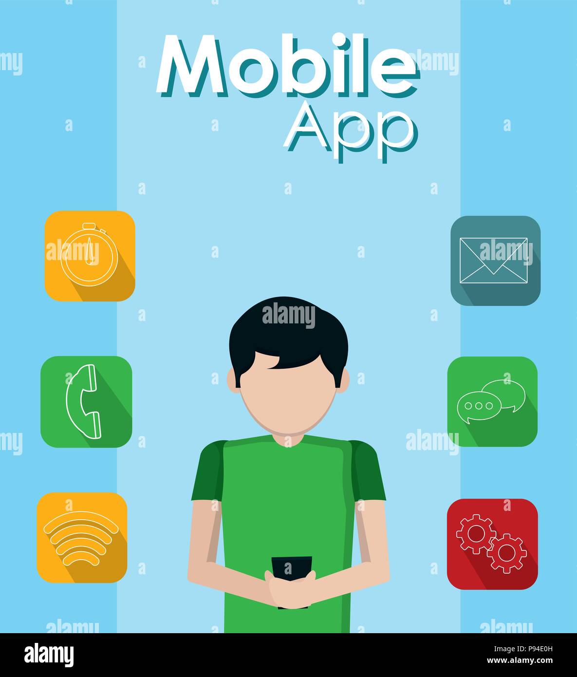Young man using smartphone mobile apps vector illustration graphic ...
